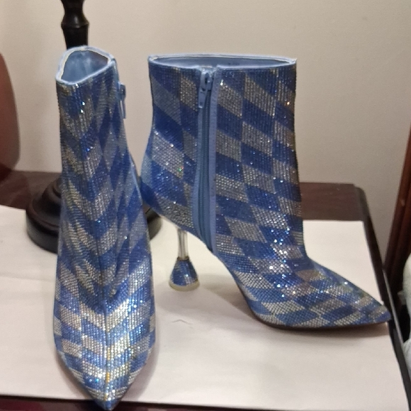 Gianni Bini Blue and Silver Checkered Heeled Boots